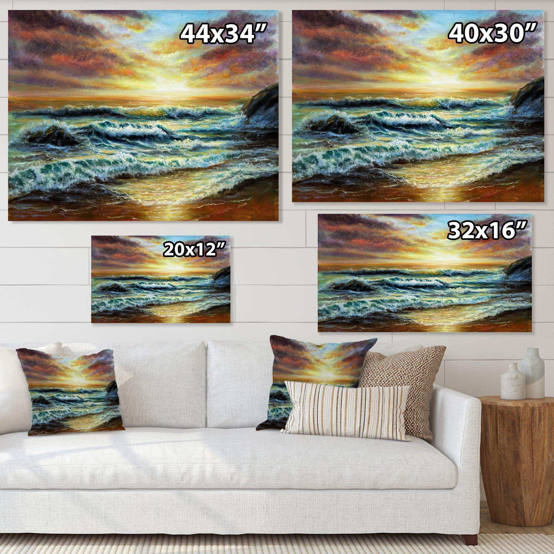 Magnificent Sunset Over Blue Wild Wave Ocean