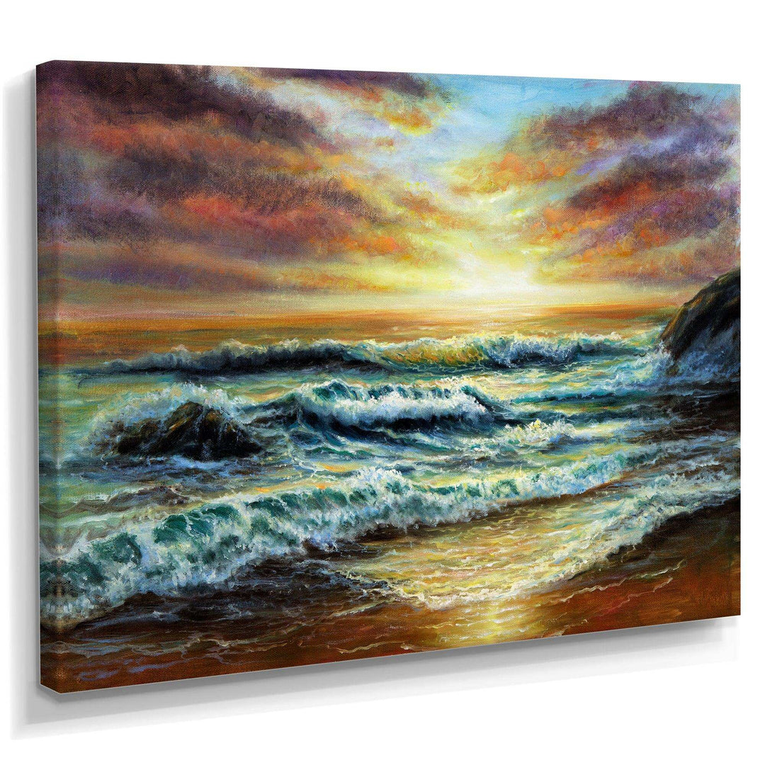 Magnificent Sunset Over Blue Wild Wave Ocean