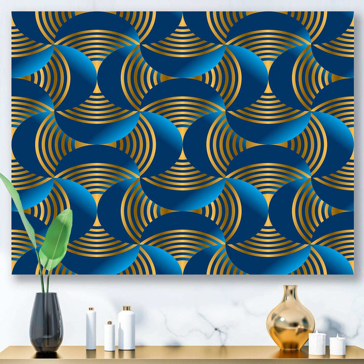 Geometric abstract waves in gold and marine blue - Wall Art Prints