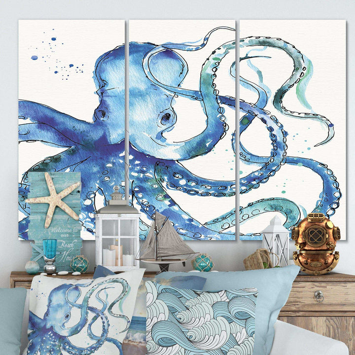 Blue Deep Sea VIII Coastal Premium Canvas Wall Art - 36x28 - 3 Panels