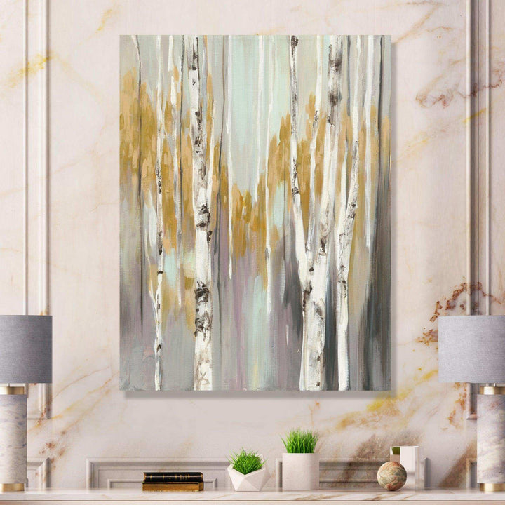 Silver and Yellow Birch Forest II - Farmhouse Bedroom Wall Art