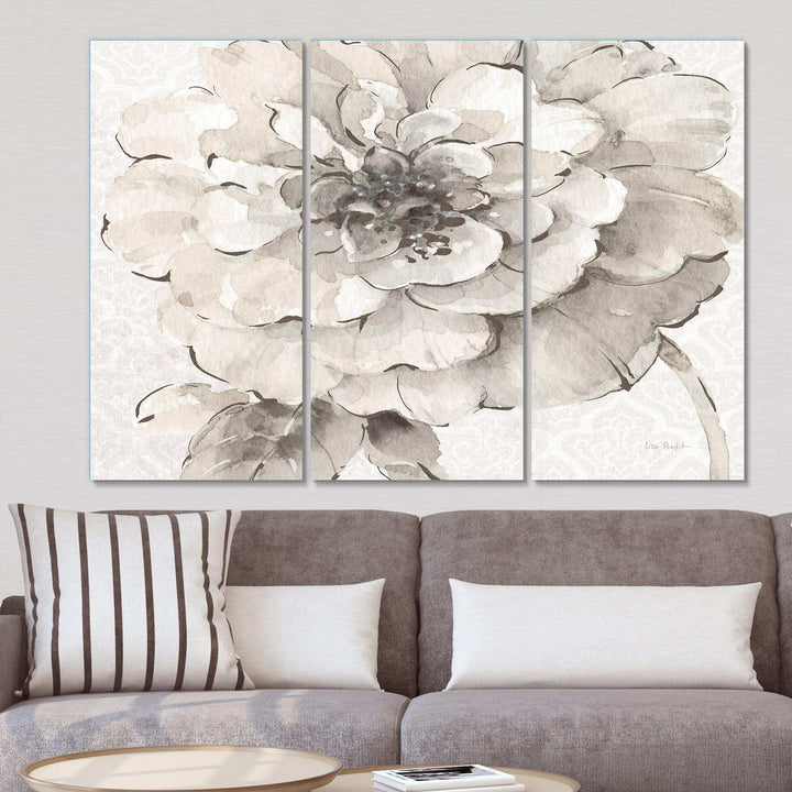 Indigold Grey Peonies I Farmhouse Premium Canvas Wall Art - 36x28 - 3 Panels