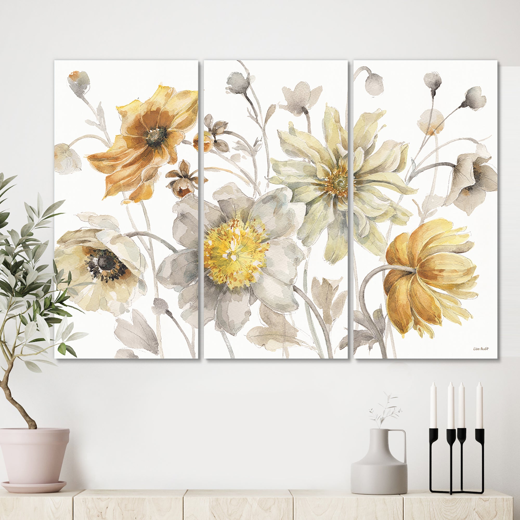 Fields of Gold Watercolor Flower VII Traditional Canvas Art - 36x28 - 3 Panels