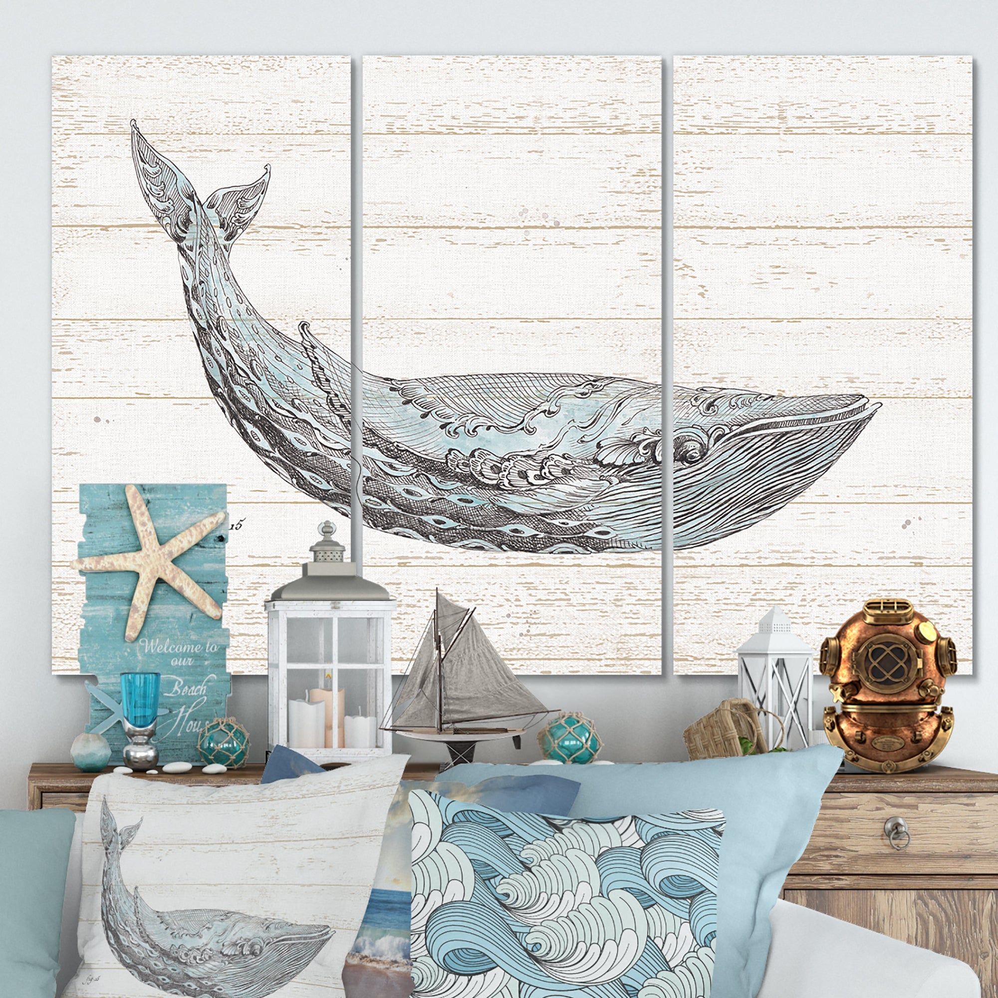 Blue Whale Handpainted Watercolor Nautical & Coastal Gallery-wrapped Canvas - 36x28 - 3 Panels