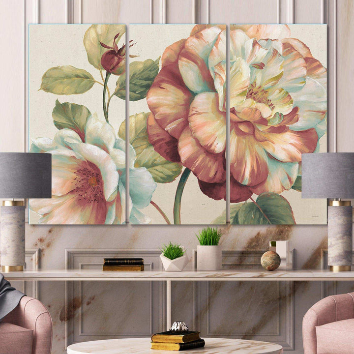 Romantic Dark Rose Blossing Flowers - Floral Multi-Panels Wall Art 3 Prints