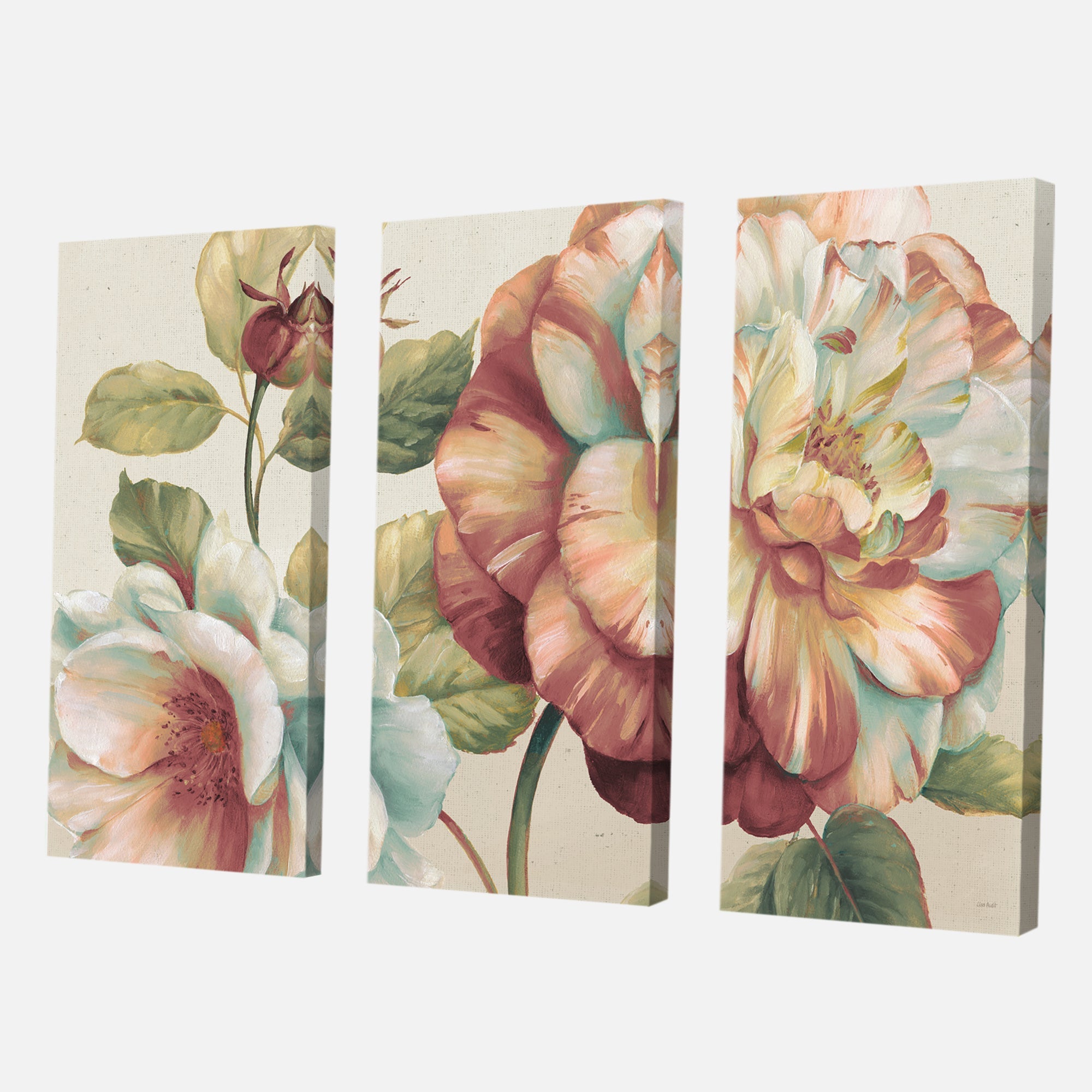 Romantic Dark Rose Blossing Flowers Floral Premium Canvas Wall Art - 36x28 - 3 Panels