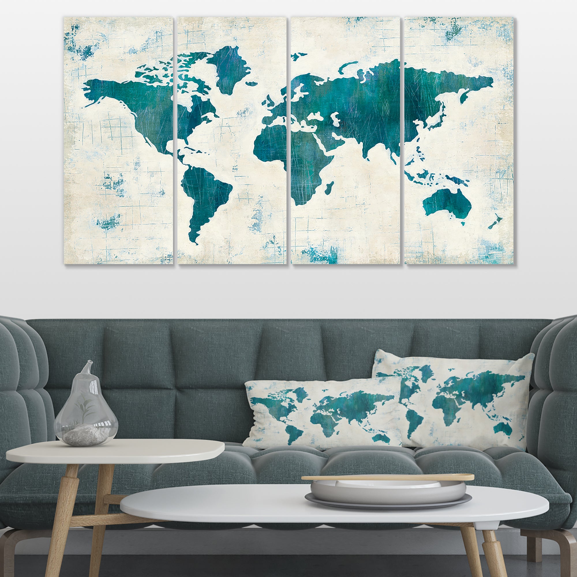 Discover the World Map in Blue Multi-Panels