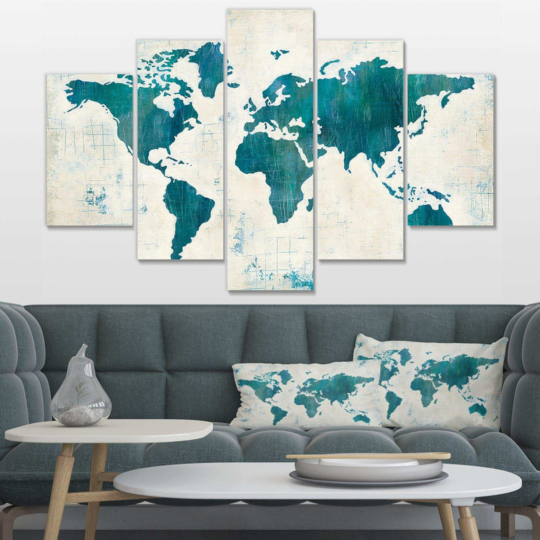 Discover the World Map in Blue Multi-Panels