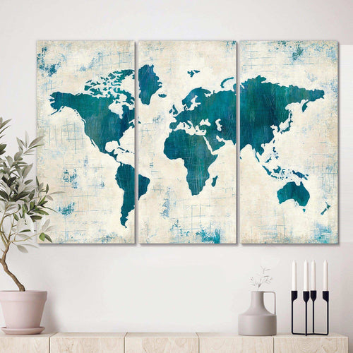 Discover the World Map in Blue Multi-Panels