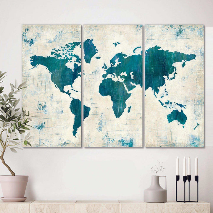 Discover the World Map in Blue Multi-Panels