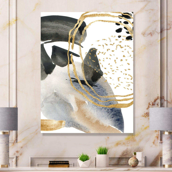 Pastel Abstract With Blue Black Beige &amp; Gold Spots - Modern Living Room Wall Decor