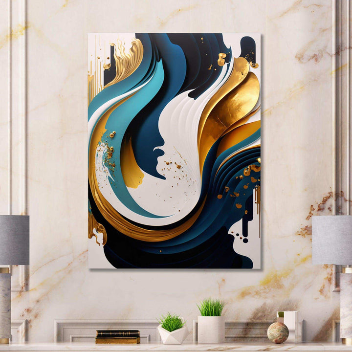 Blue And Gold Modern Art Abstract Painting II - Modern Living Room Wall Decor