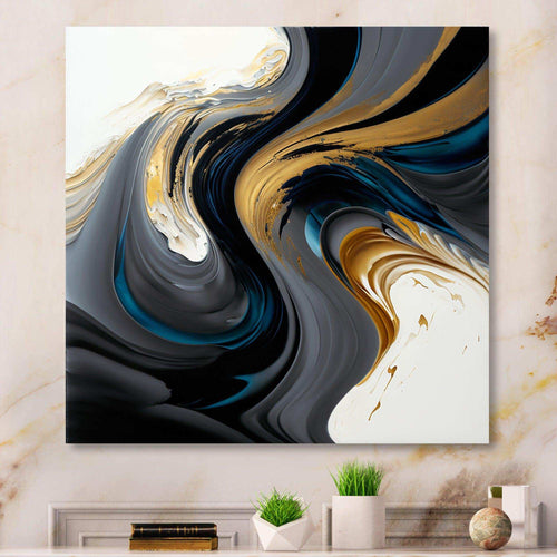 Black, White And Gold Liquid Art IV - Modern Living Room Wall Decor