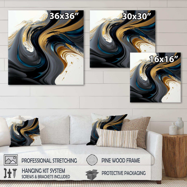 Black, White And Gold Liquid Art IV - Modern Living Room Wall Decor
