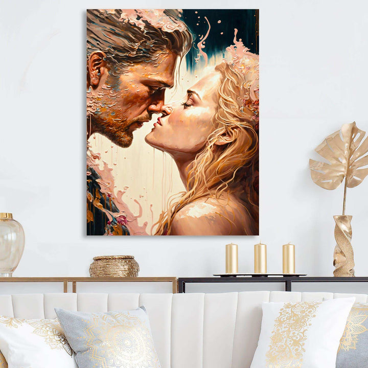 Blue And Gold Couple Kissing Art