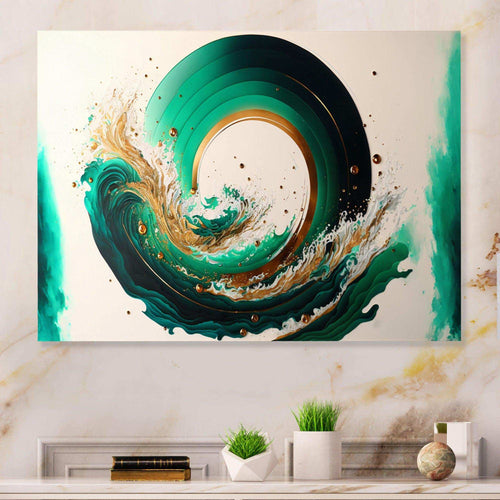 Green And Gold Crashing Waves III - Modern Living Room Wall Decor