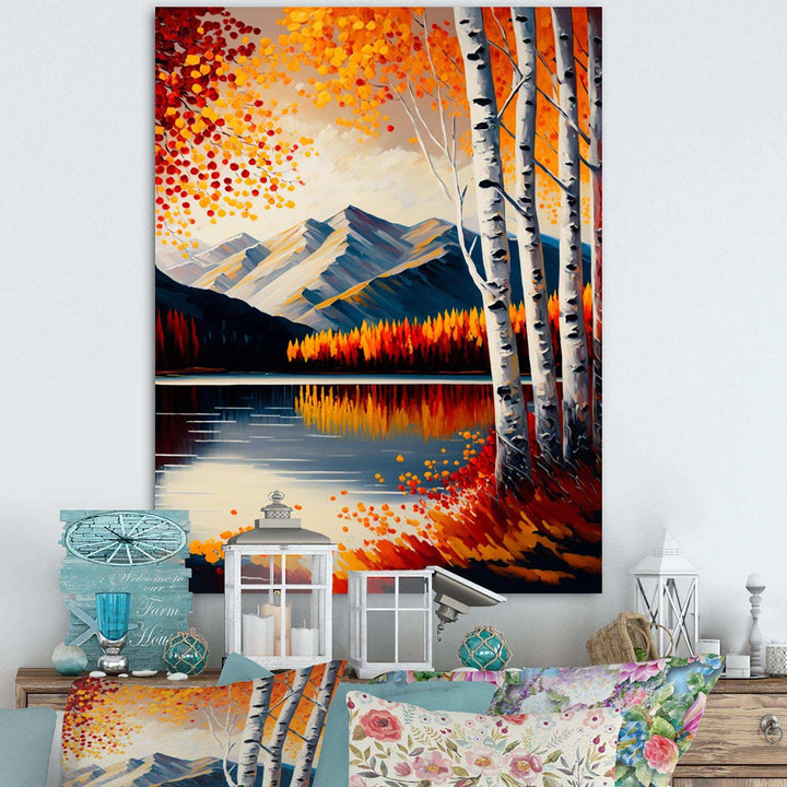 Red And Orange Birch Trees By The Lake V