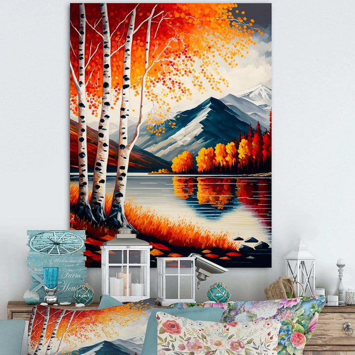 Red And Orange Birch Trees By The Lake VI