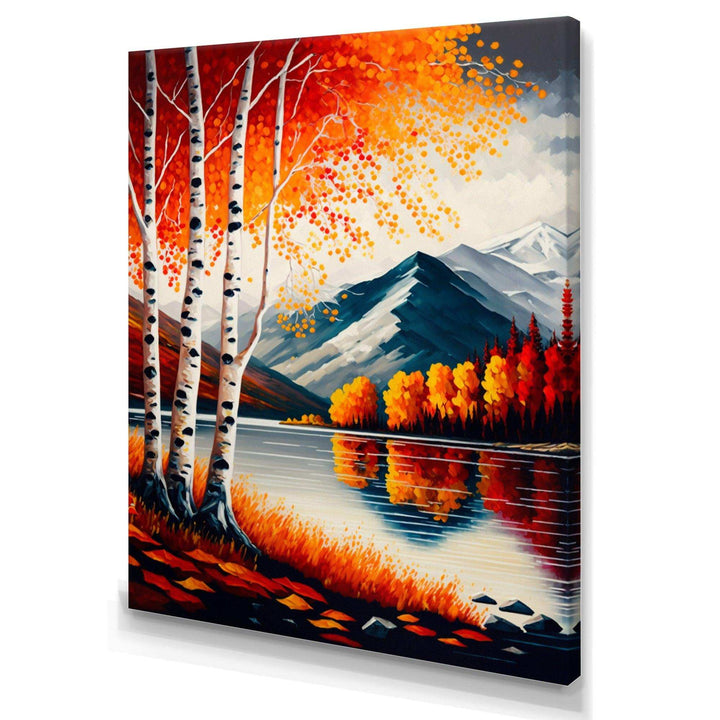 Red And Orange Birch Trees By The Lake VI