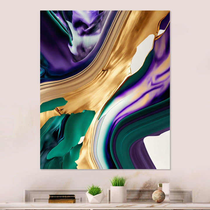 Purple, Green And Gold Bold Strokes I - Modern Living Room Wall Decor