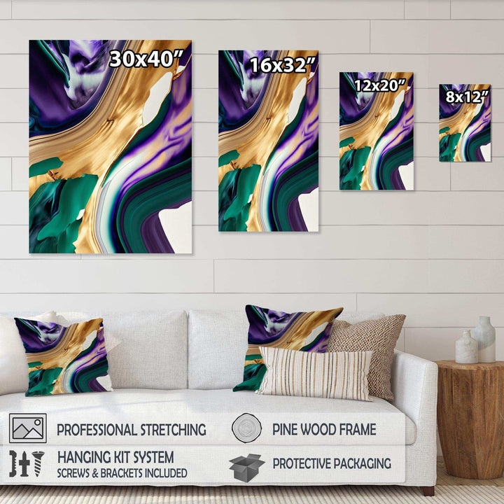 Purple, Green And Gold Bold Strokes I - Modern Living Room Wall Decor
