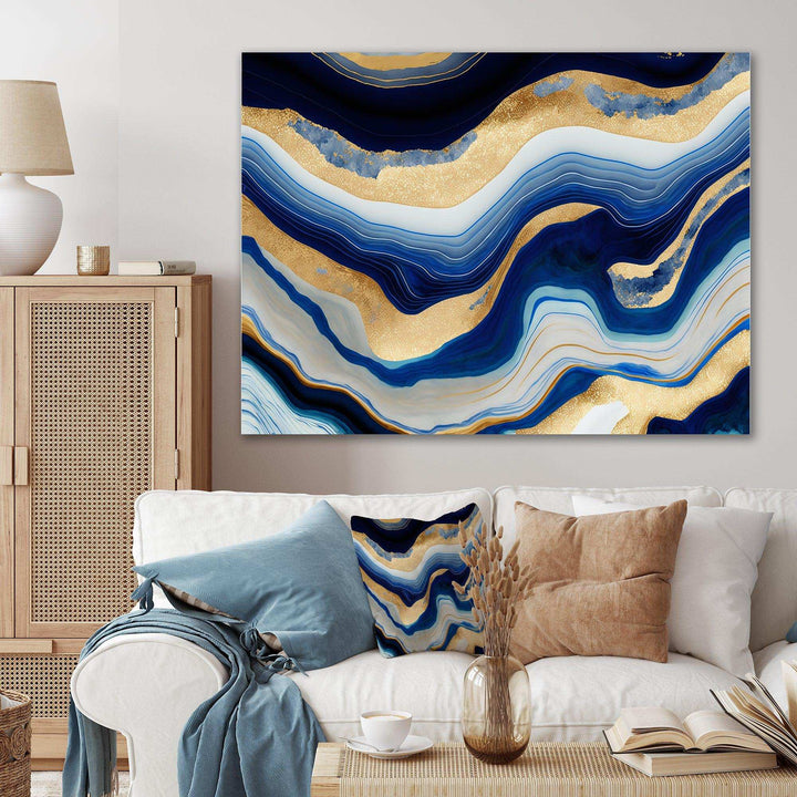 Vibrant Blue And Gold Flow Art IV - Modern Living Room Wall Decor