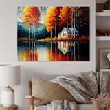 Red And Orange Lake House With Birch Trees