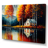 Red And Orange Lake House With Birch Trees