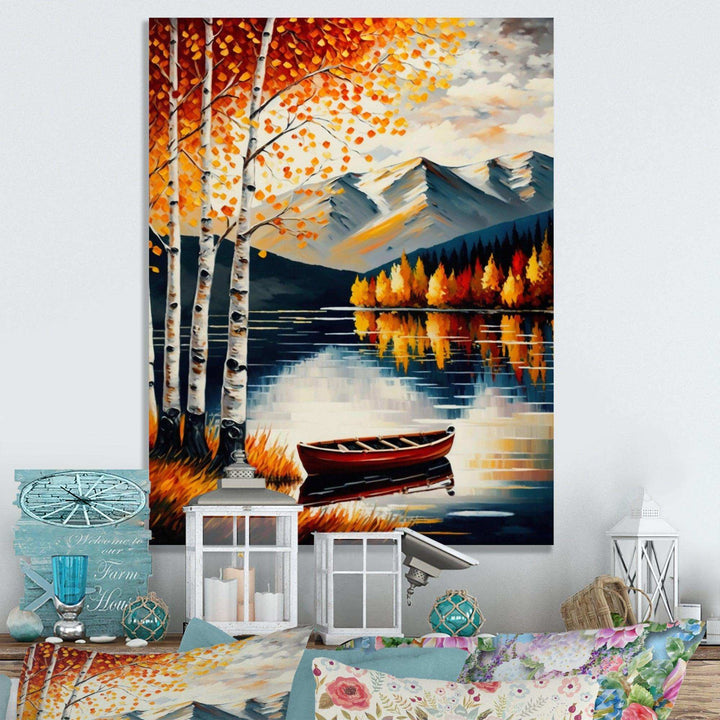 Red And Orange Birch Trees By The Lake VII