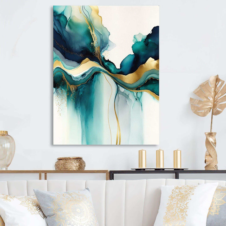 Teal And Gold Abstract Expression I - Modern Living Room Wall Decor