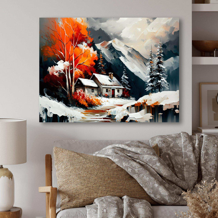Monochrome Orange Cottage In Winter III