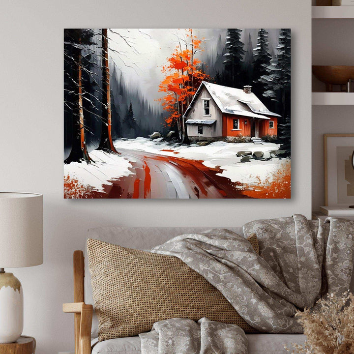 Monochrome Orange Cottage In Winter IV