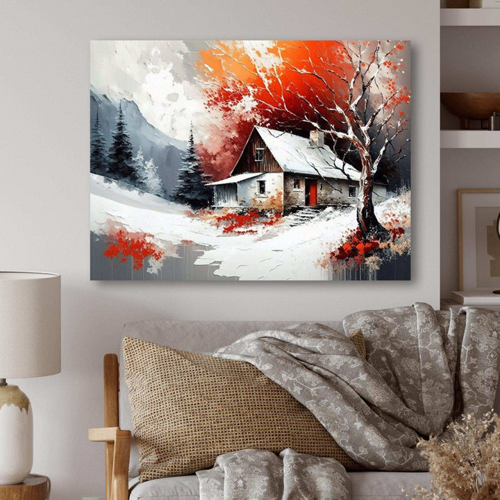 Monochrome Orange Cottage In Winter VII