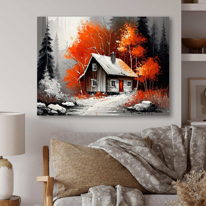 Monochrome Orange Cottage In Winter IX