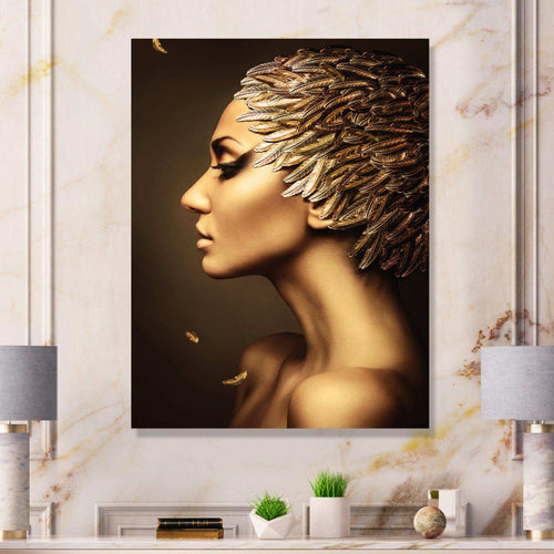 Woman with Gold Feather Hat - Modern Living Room Wall Decor