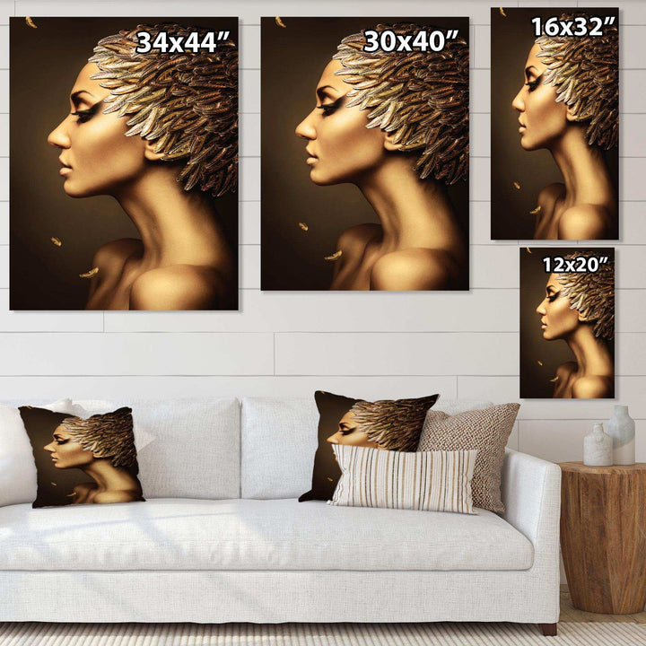 Woman with Gold Feather Hat - Modern Living Room Wall Decor