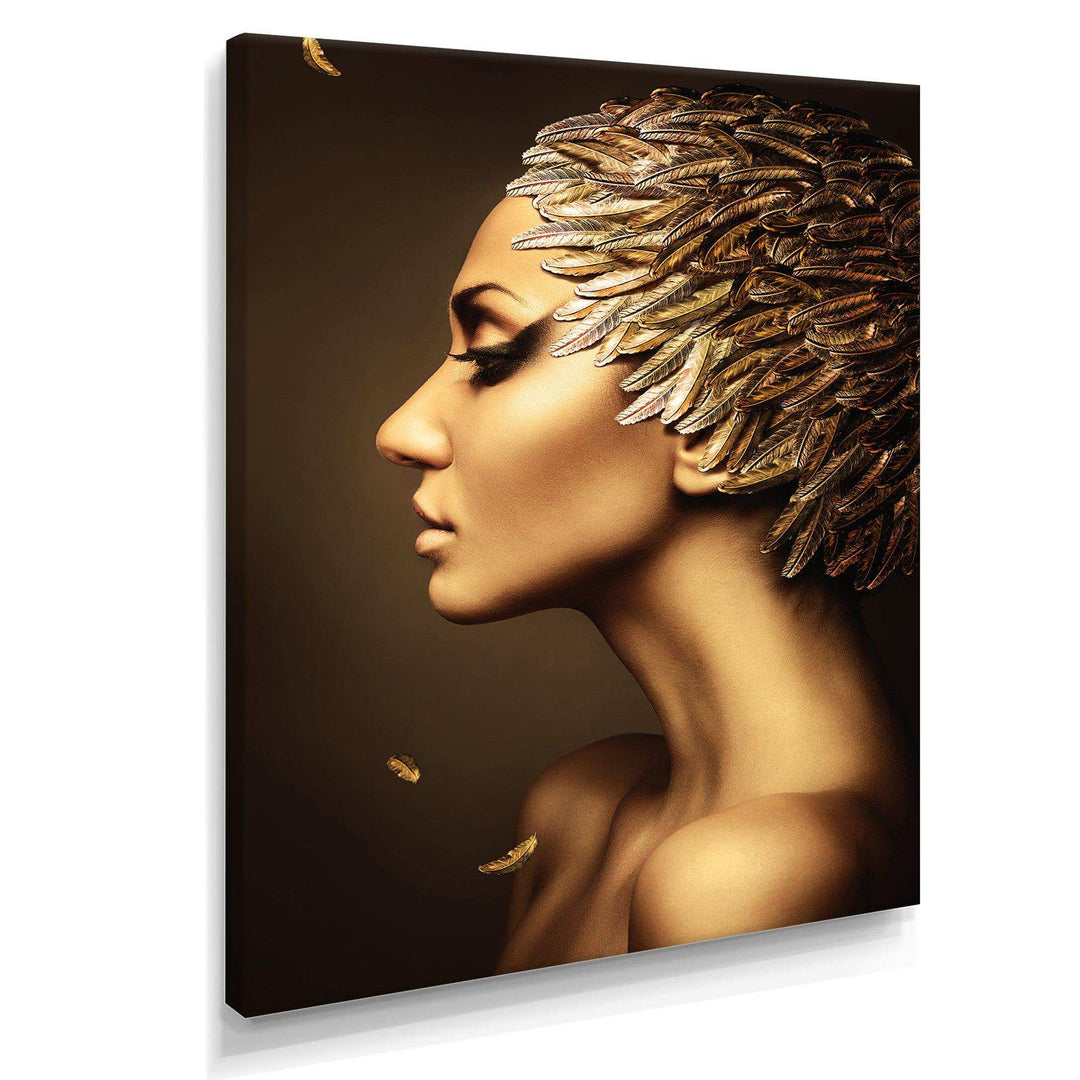 Woman with Gold Feather Hat - Modern Living Room Wall Decor
