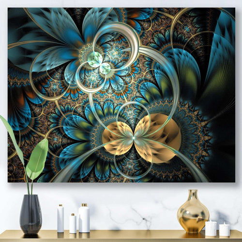 Symmetrical Blue Gold Fractal Flower - Modern Wall Art Prints