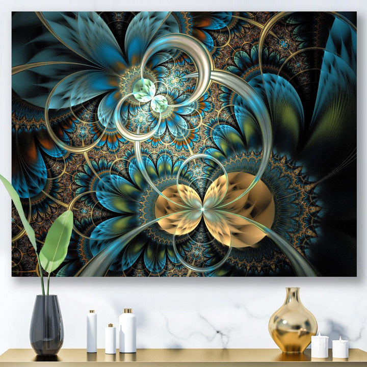 Symmetrical Blue Gold Fractal Flower - Modern Wall Art Prints