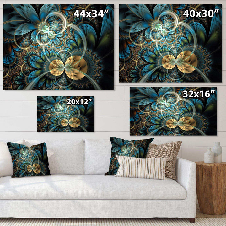 Symmetrical Blue Gold Fractal Flower - Modern Wall Art Prints