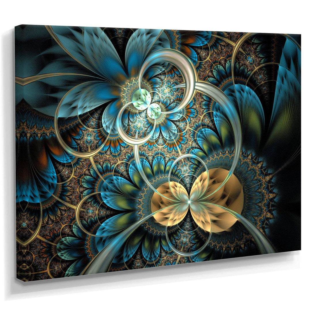 Symmetrical Blue Gold Fractal Flower - Modern Wall Art Prints