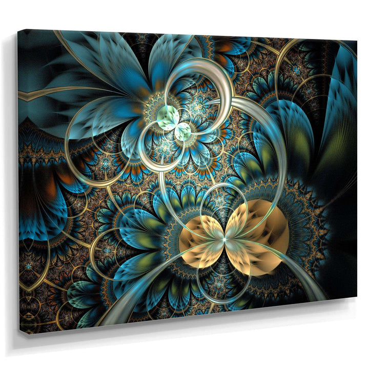 Symmetrical Blue Gold Fractal Flower - Modern Wall Art Prints