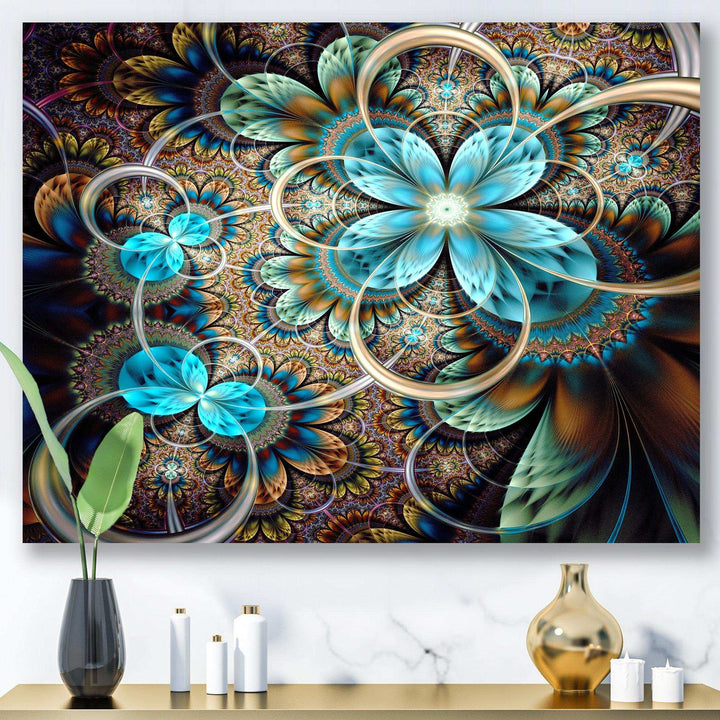 Colorful Fractal Flowers with Blue Shade - Modern Living Room Wall Decor
