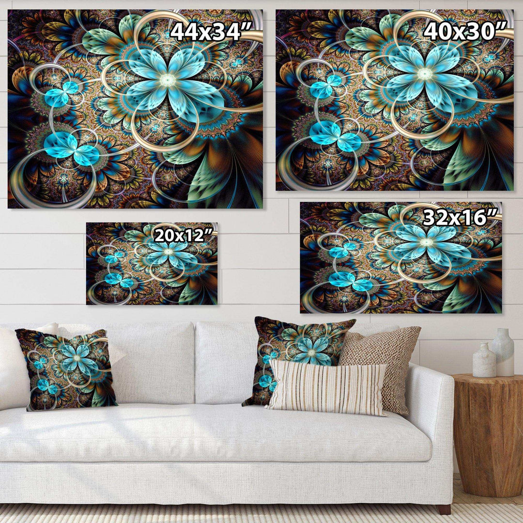 Colorful Fractal Flowers with Blue Shade - Modern Living Room Wall Decor