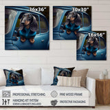 Portrait Of A Dachshund In A Blue Car III