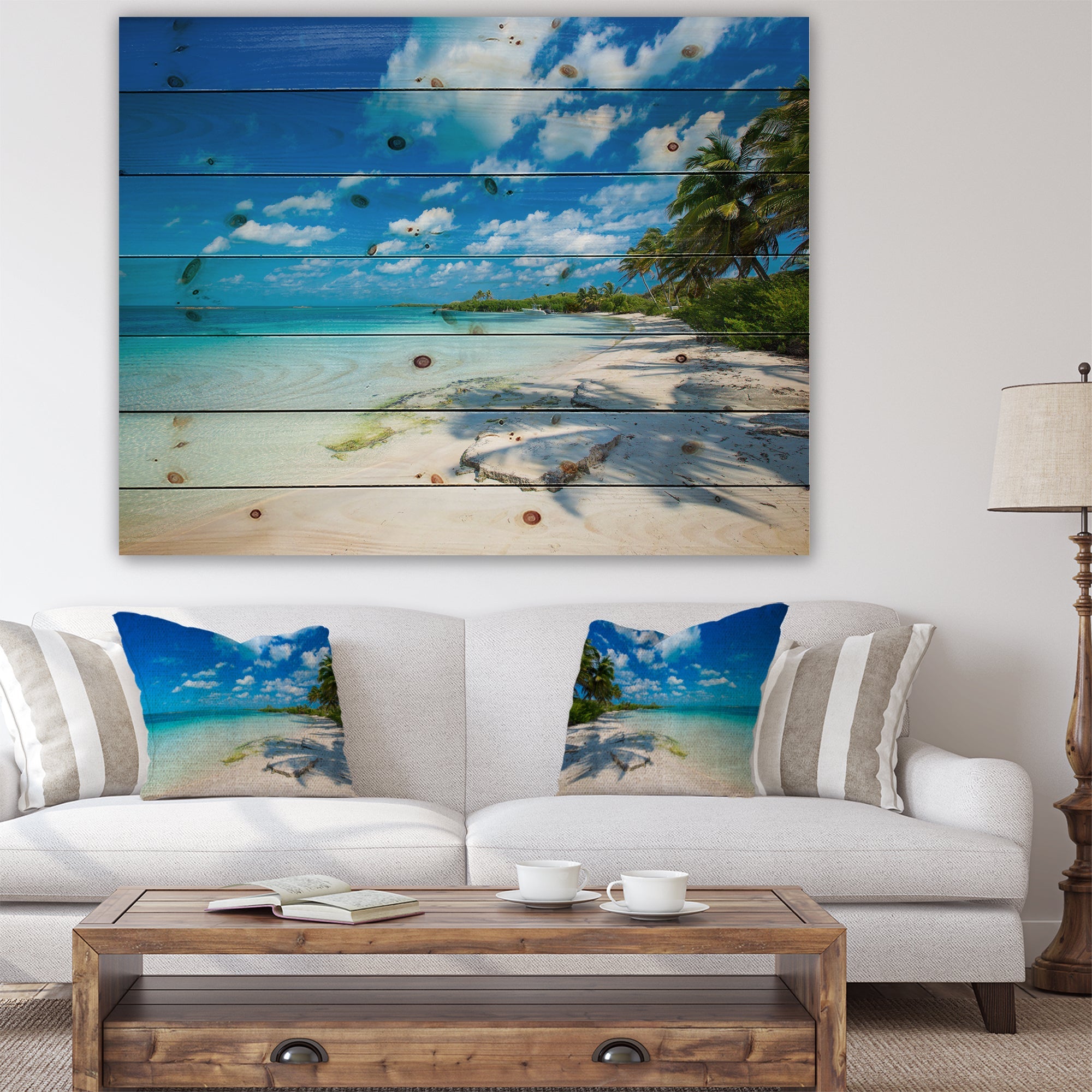 Tropical Beach with Palm Shadows - Seashore Print on Natural Pine Wood - 20x15