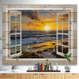 Open Window to Bright Yellow Sunset - Modern Seascape Print on Natural Pine Wood - 20x15