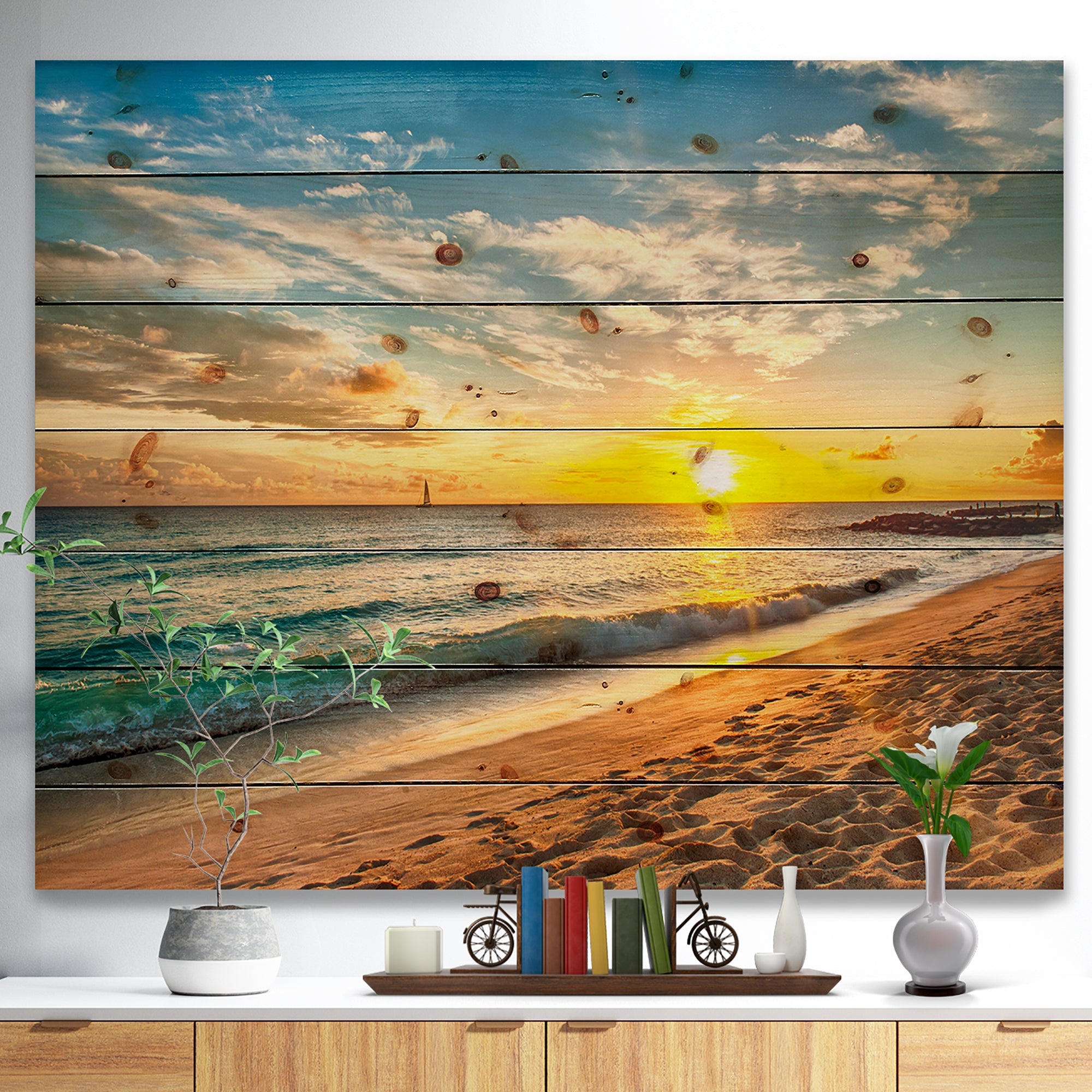 White Beach in Island of Barbados - Modern Seascape Print on Natural Pine Wood - 20x15