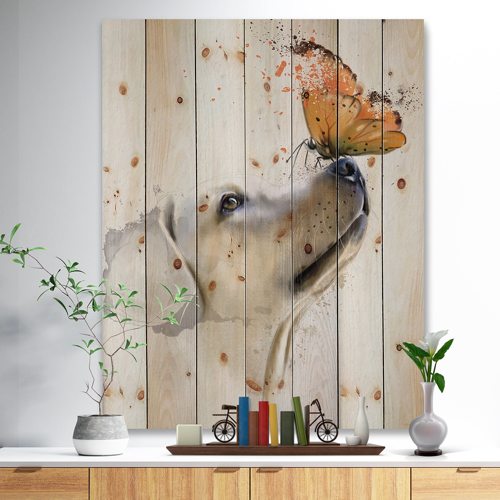 Golden Retriever Dog with Butterfly - Animal Print on Natural Pine Wood - 15x20
