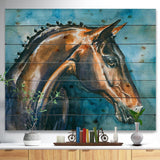 Brown Horse on Blue Watercolor - Abstract Print on Natural Pine Wood - 20x15